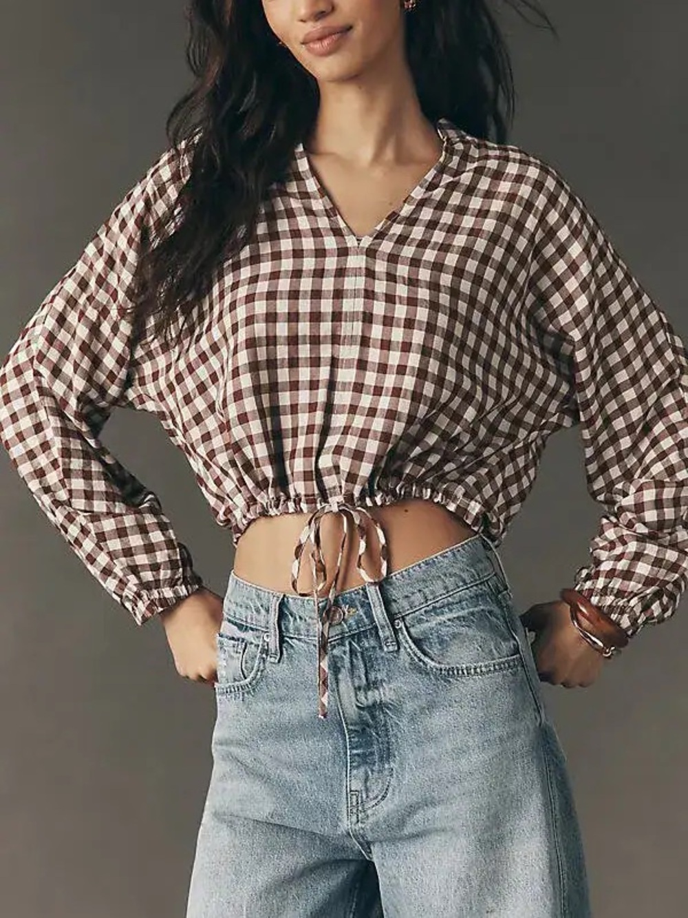 cloth & stone Brown Gingham Drawstring Crop Top